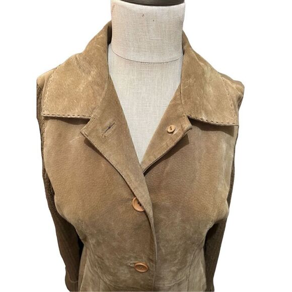 Twiggy Womens Leather Coat with Wool Blend Knit Sleeves Hip Length Retro Size M - Picture 2 of 16